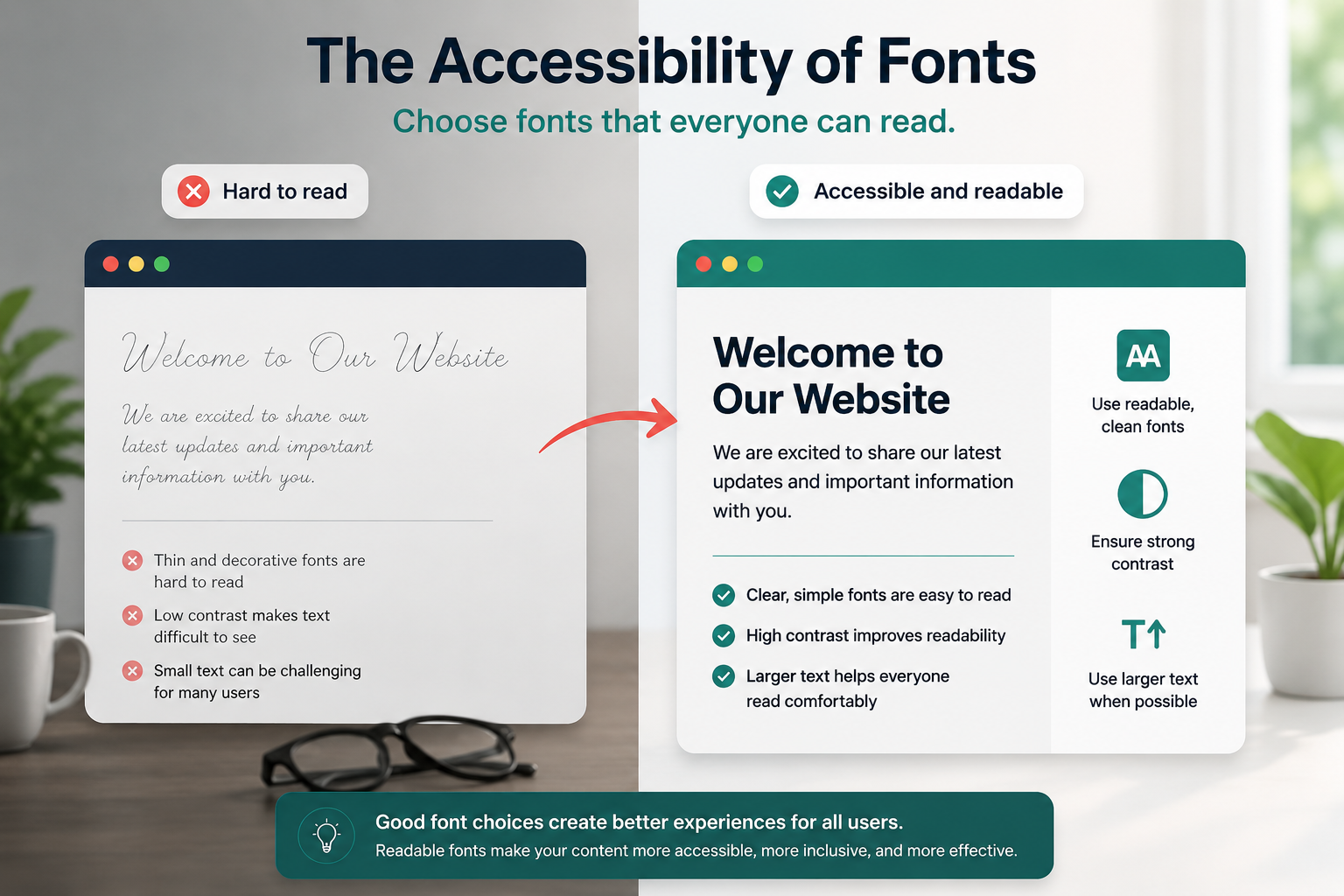Illustration comparing hard-to-read decorative typography with clearer accessible typography.
