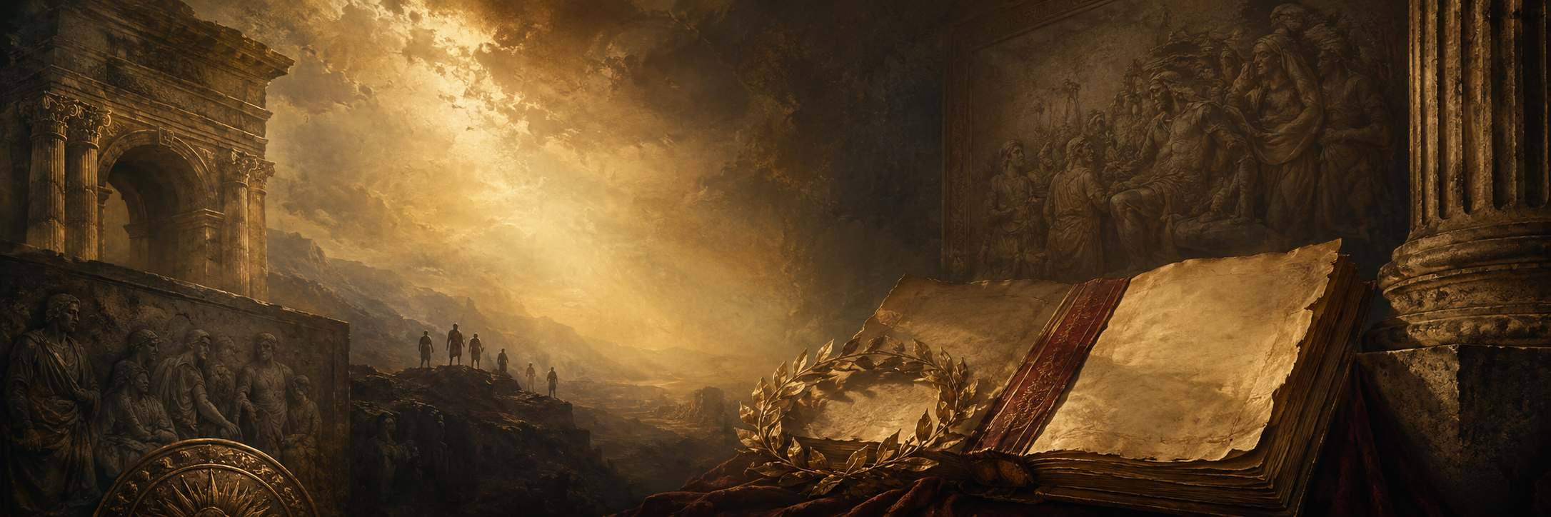 Ancient architecture, carved historical figures, an open manuscript, and a laurel wreath illuminated by golden light